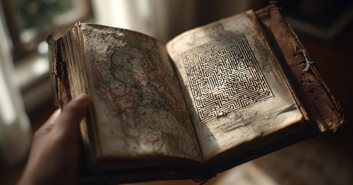 Hand holding an open book showing a path out of a maze